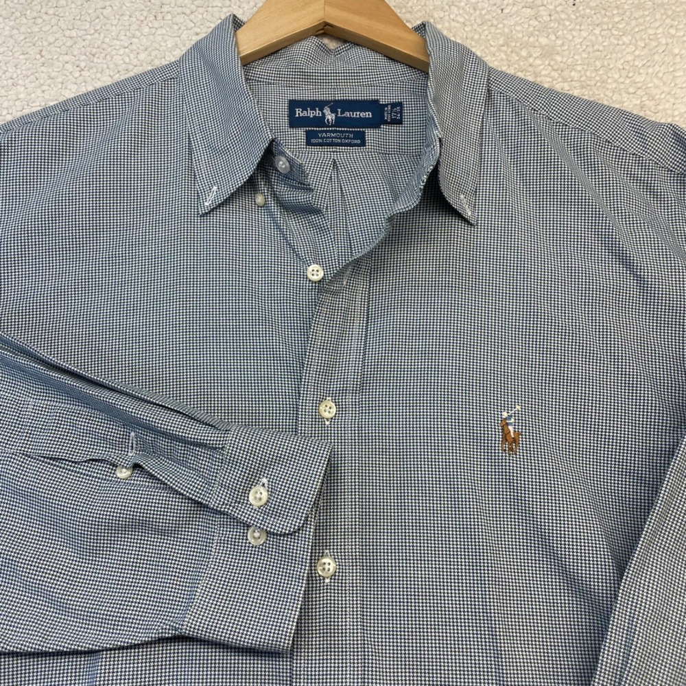 Ralph Lauren Shirt Mens 17.5 Blue Yarmouth Oxford Houndstooth Button Down 1465